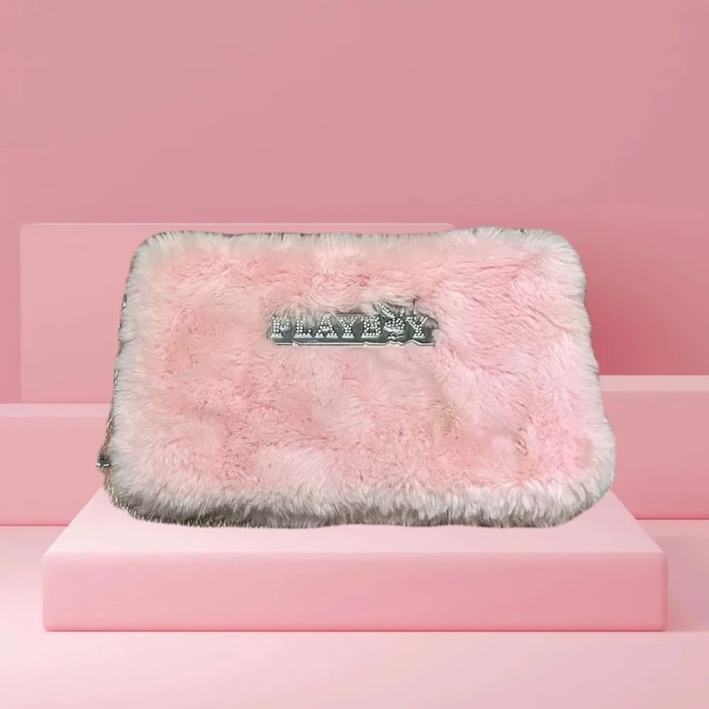 PLAYBOY Pink Fur Clutch with Silver Accents